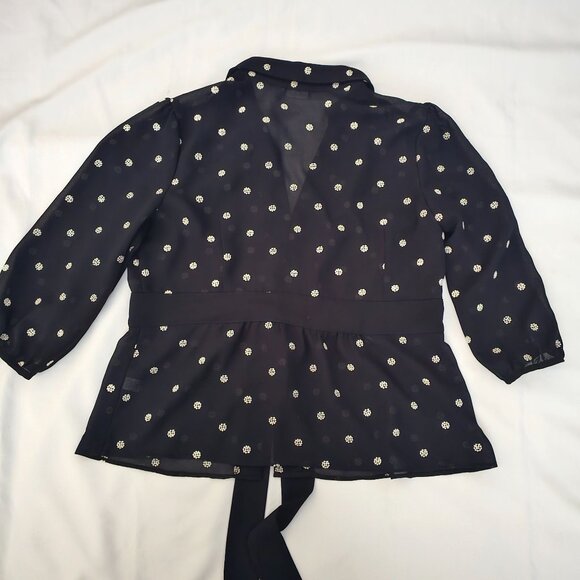 CATO Black Sheer Polka Dot Waist Tie 3/4 Sleeve Blouse Women's Size XL - Picture 3 of 14